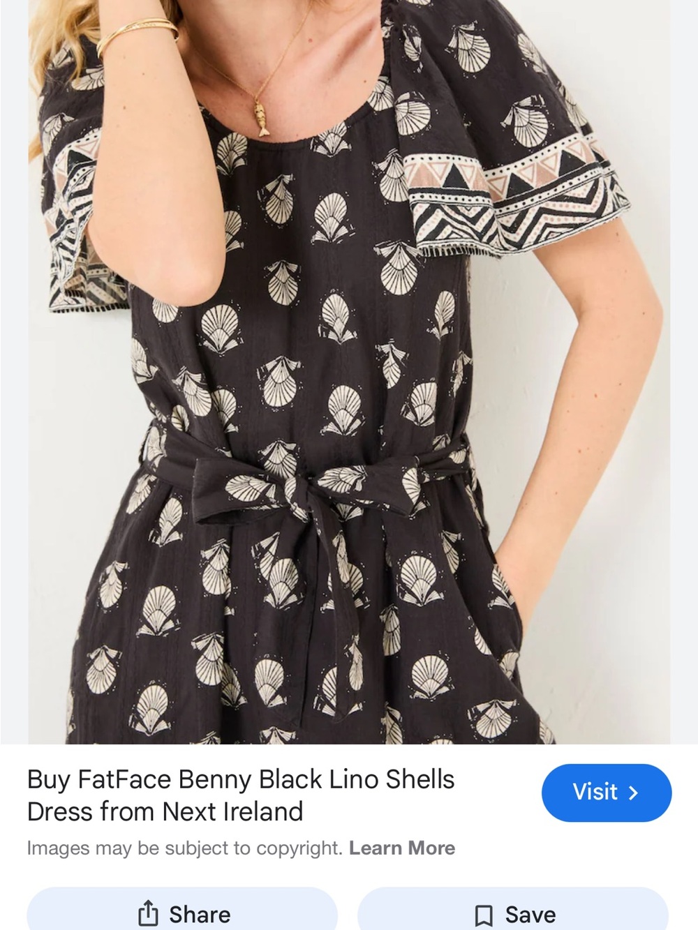 FatFace Black Shell Print Short Sleeve Dress- Fat Face